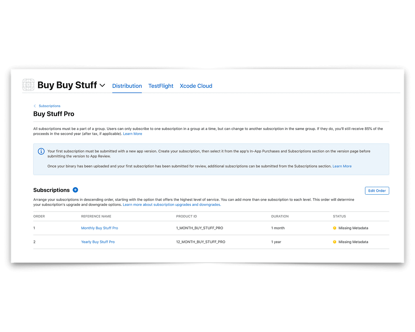 Example of how to create a subscription group in App Store Connect