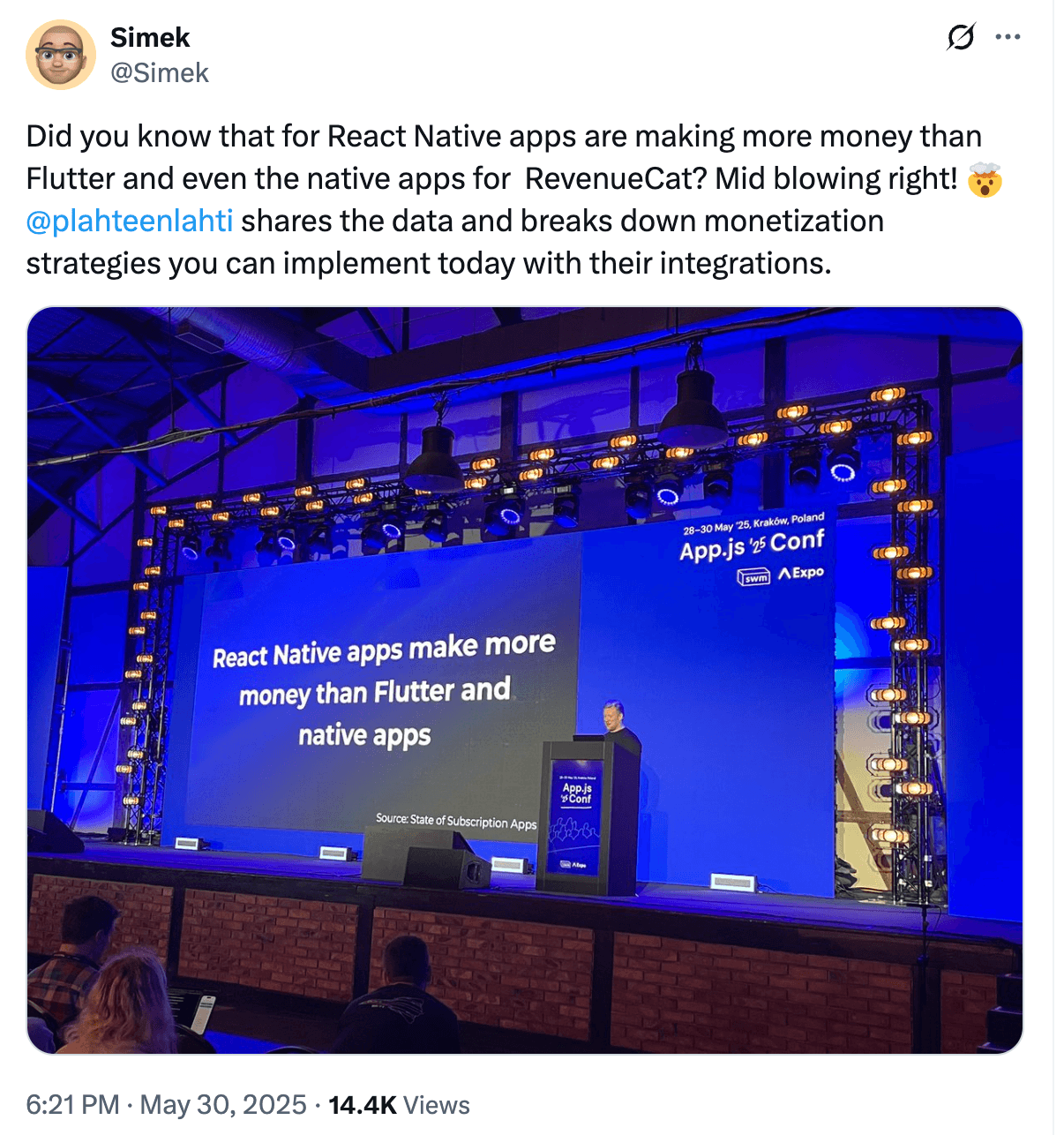 Tweet from user Simek: Did you know that for React Native apps are making more money than Flutter and even the native apps for  RevenueCat? Mid blowing right! 🤯 @plahteenlahti shares the data and breaks down monetization strategies you can implement today with their integrations.
